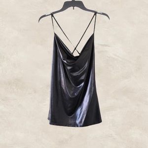 PRETTYLITTLETHING | PU Leather Cowl Neck, Black Cami With Criss Cross Back Strap